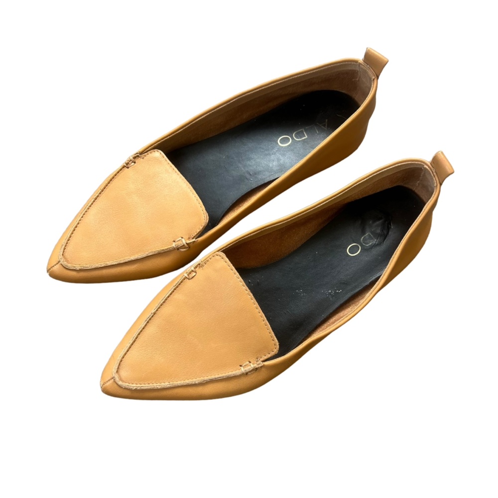 Aldo Shoes Pointed Toe Flats Slip On Ballet Loafers Camel-Tan soft Leather SZ-8